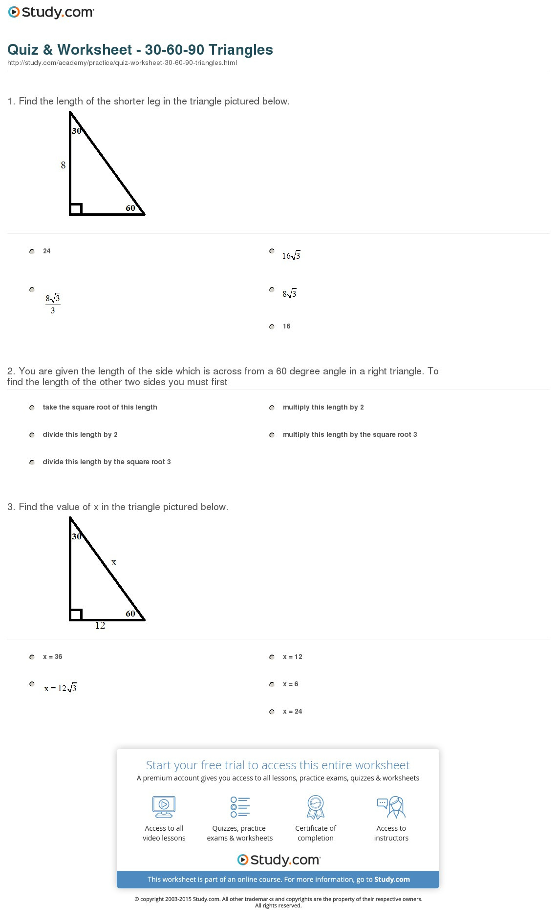 30 60 90 Triangle Practice Worksheet With Answers Db excel