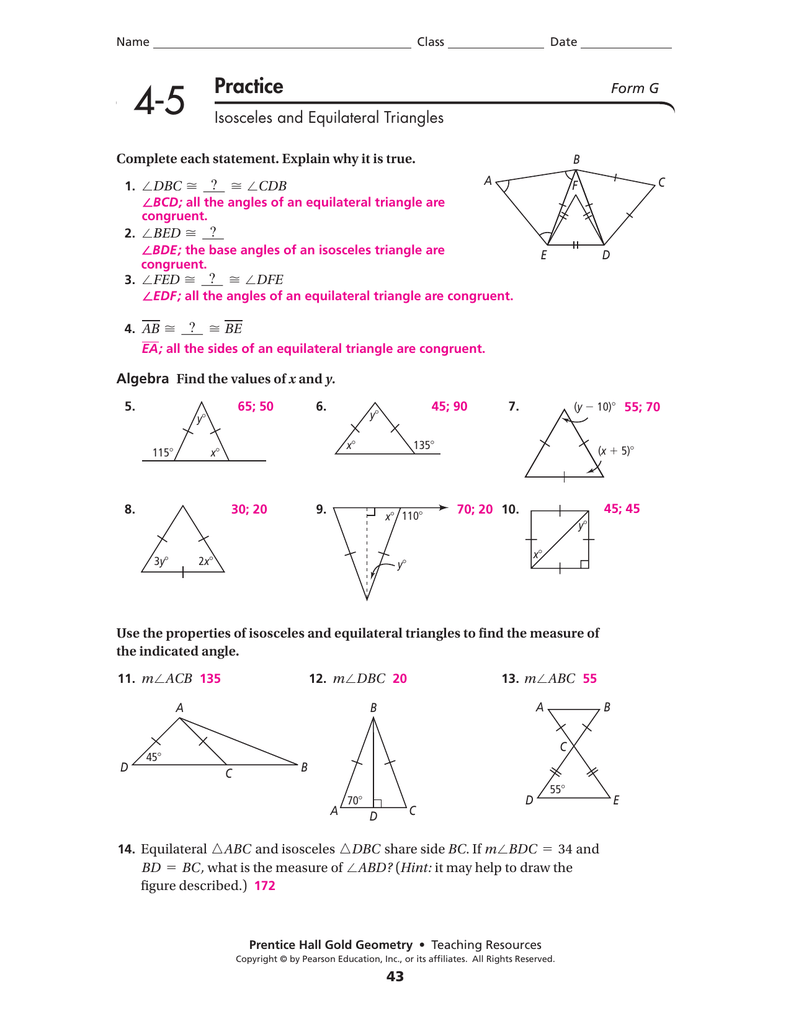 4 5 Isosceles And Equilateral Triangles Worksheet Answers Form G 