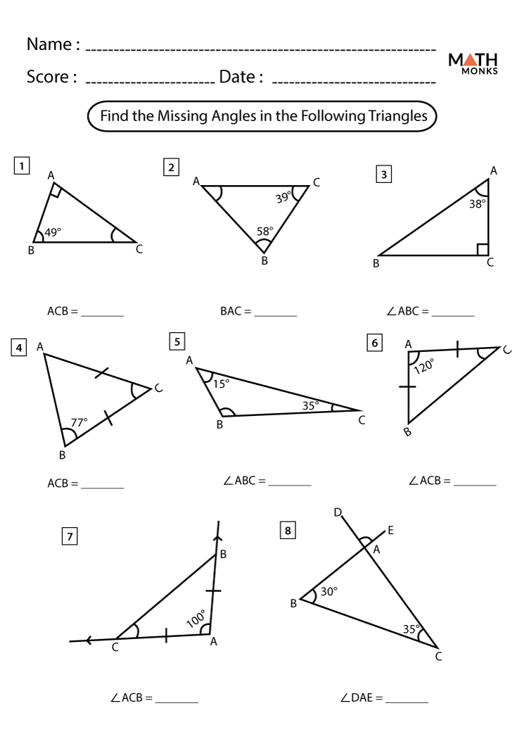 Angles In A Triangle Worksheets Math Monks - TraingleWorksheets.com