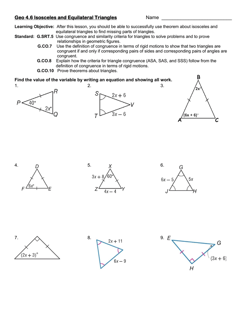 4 6 isosceles and equilateral triangles worksheet