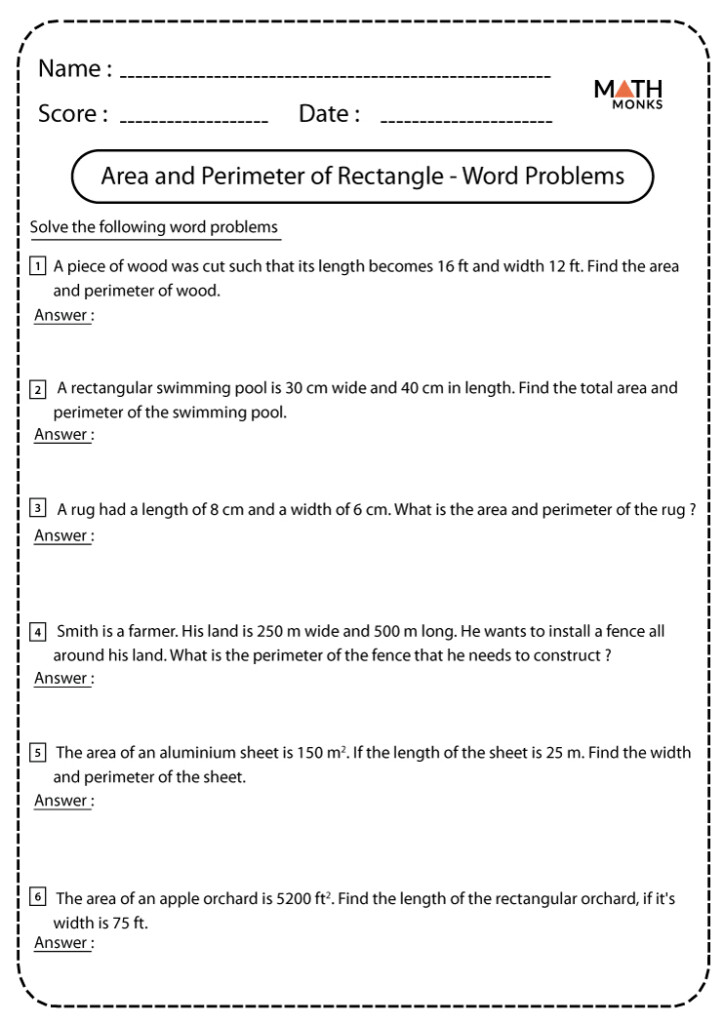 Area And Perimeter Of Rectangles Worksheets Math Monks