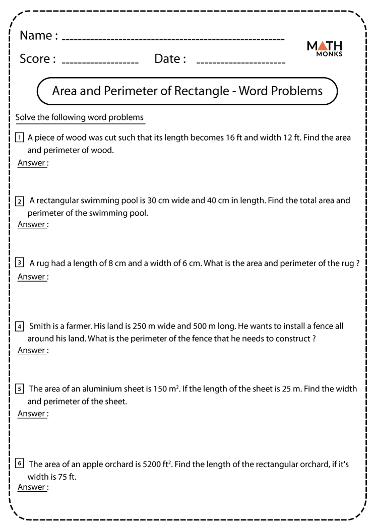 Area And Perimeter Of Rectangles Worksheets Math Monks