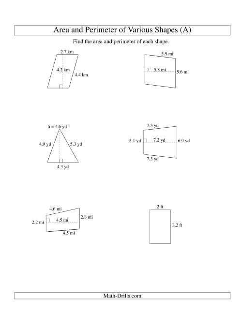 Area And Perimeter Of Various Shapes up To 1 Decimal Place Range 1 9 