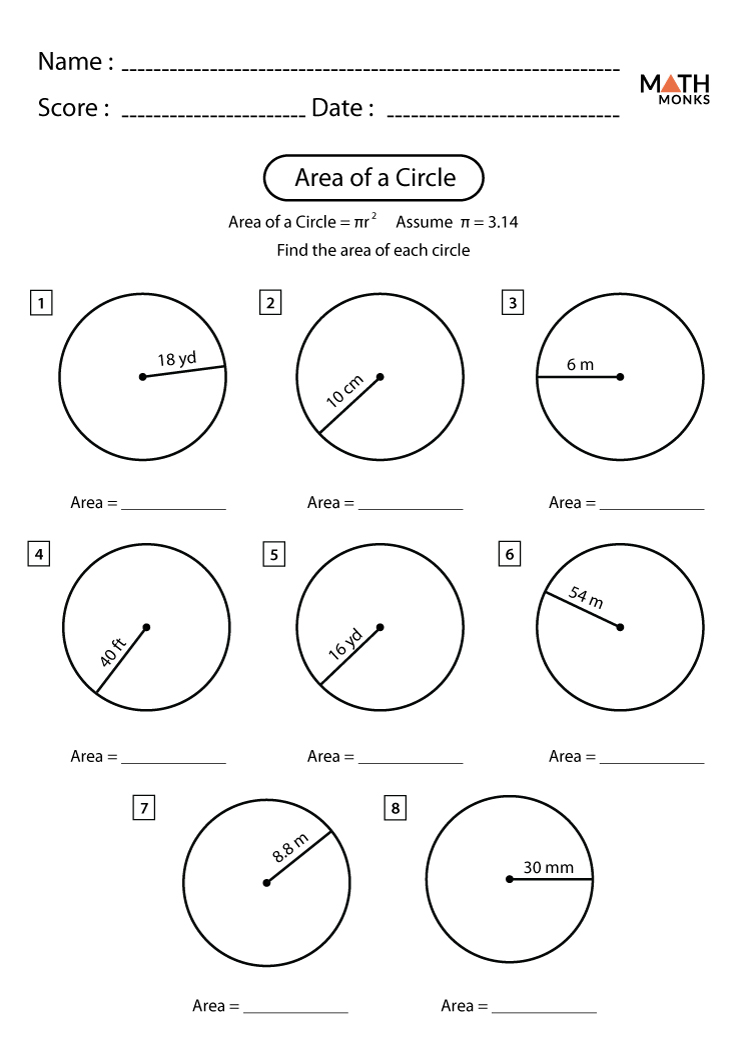 Area Of A Circle Worksheets Math Monks