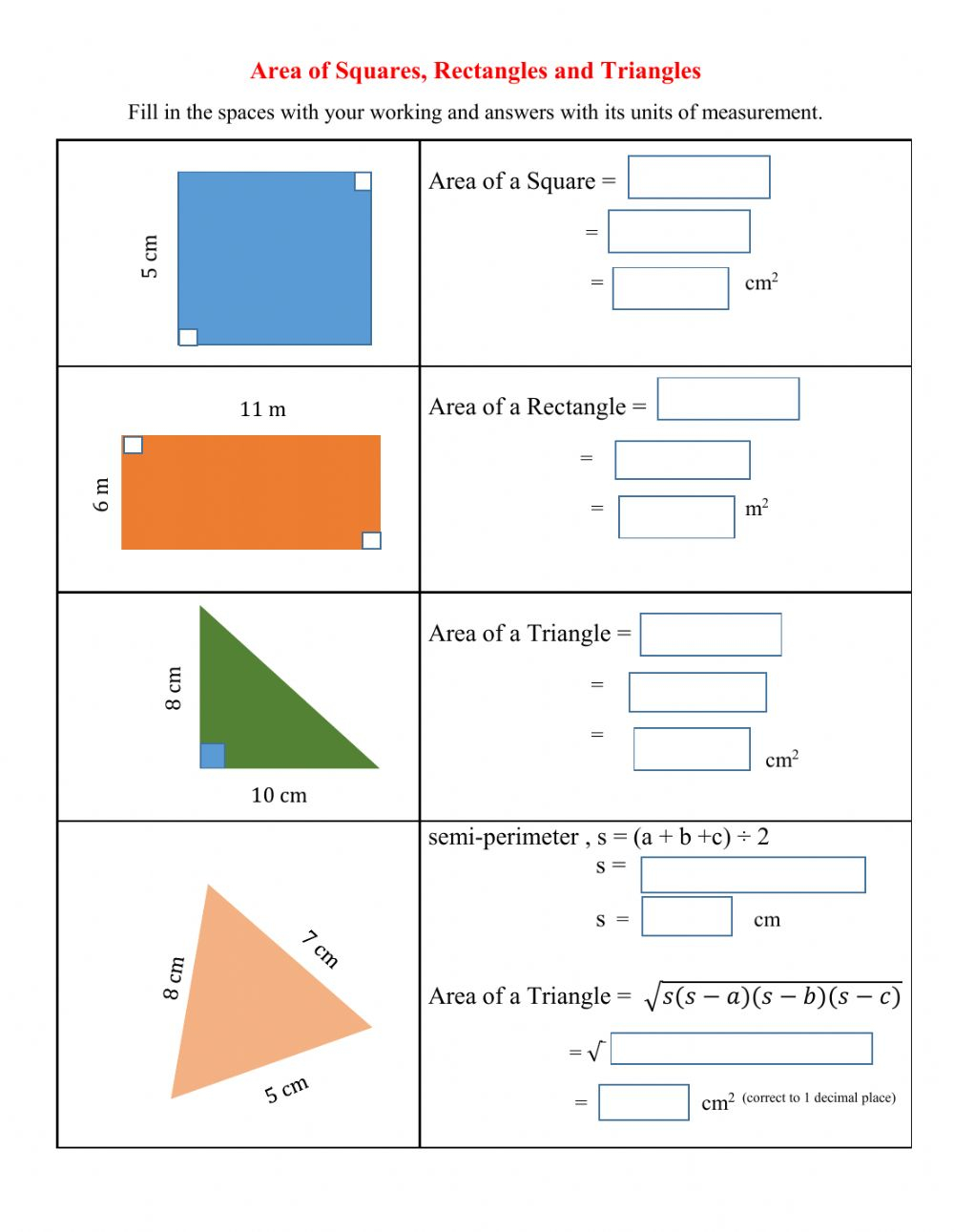 Area Of Squares Rectangles And Triangles Worksheet