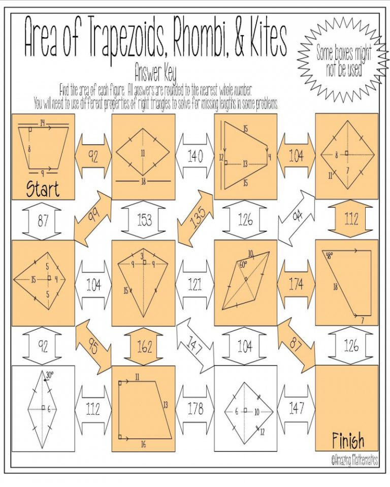 Area Of Trapezoids Rhombi And Kites Maze Geometrie Math 