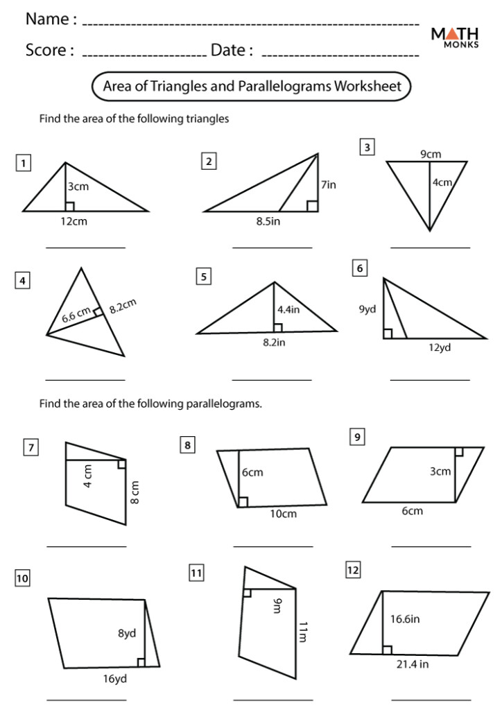 Area Of Triangles And Parallelograms Worksheets Math Monks