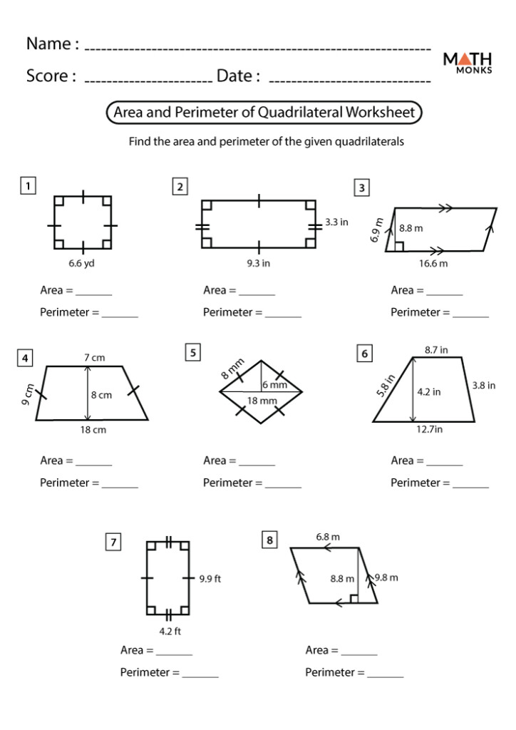 Area Perimeter Of Quadrilaterals Worksheets Math Monks