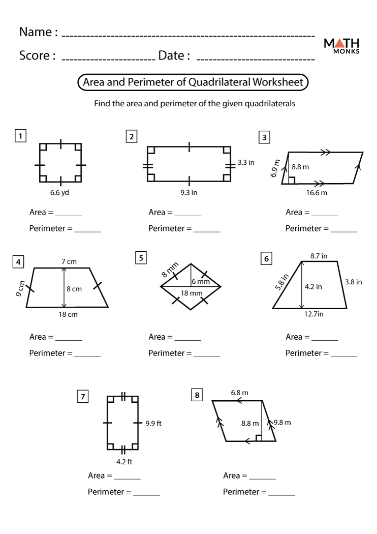 Area Perimeter Of Quadrilaterals Worksheets Math Monks