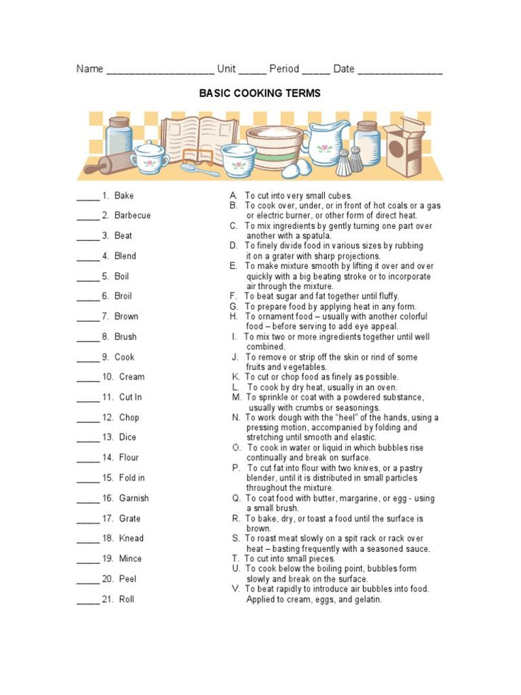 Basic Cooking Terms Worksheet Answers Cooking Basics Worksheets 