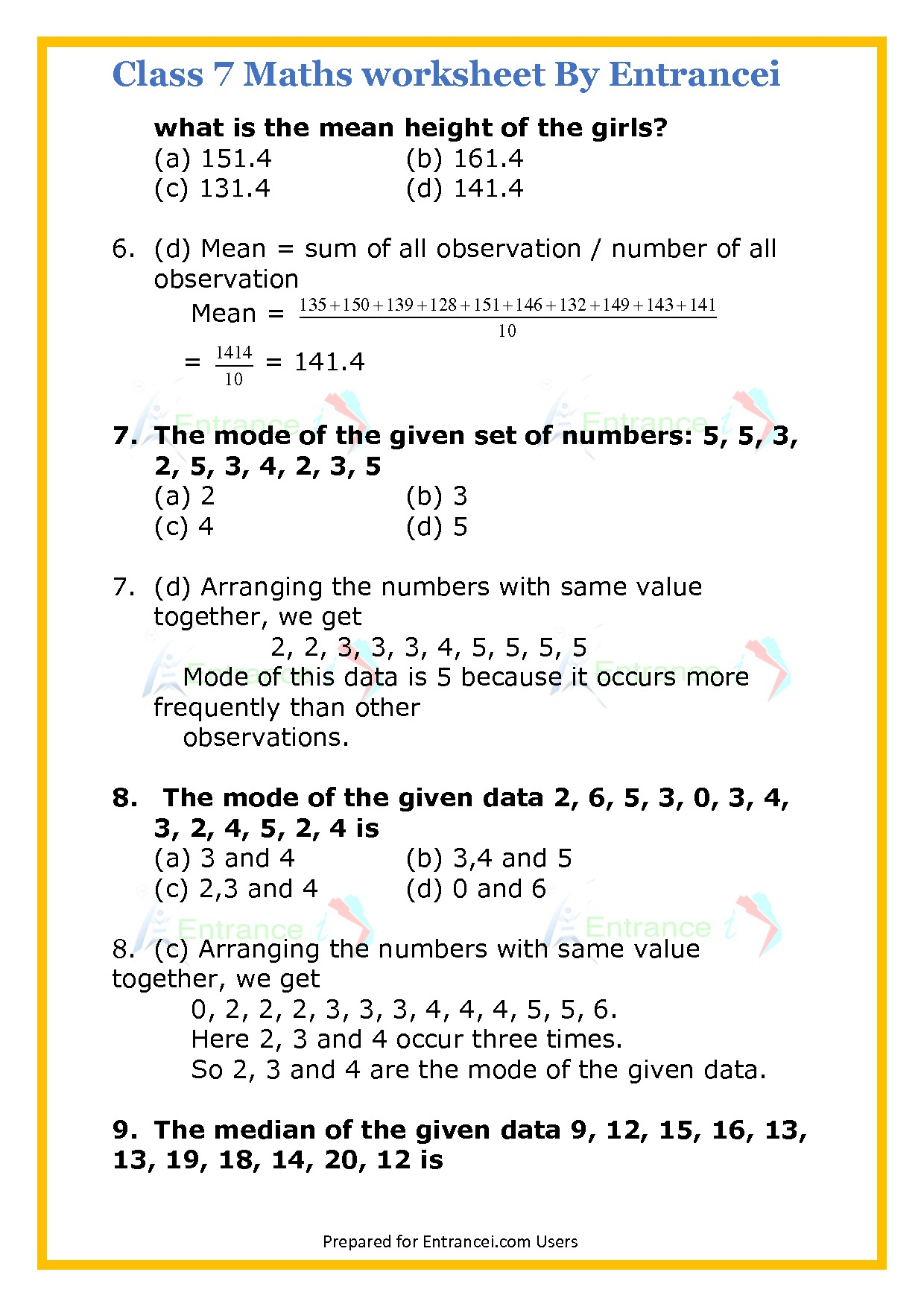 CBSE Class 7 Maths Worksheet For Chapter 3 Data Handling