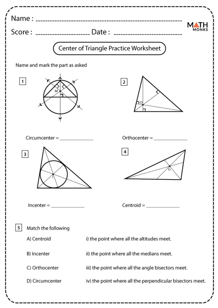 Centers Of Triangles Worksheets Math Monks