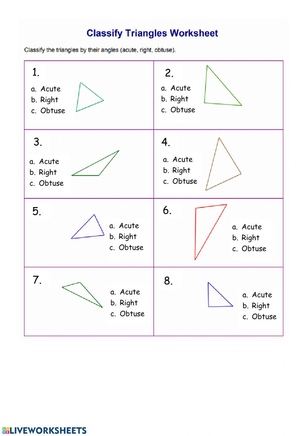 Acute Obtuse Right Angle Of A Triangle Worksheet 3093