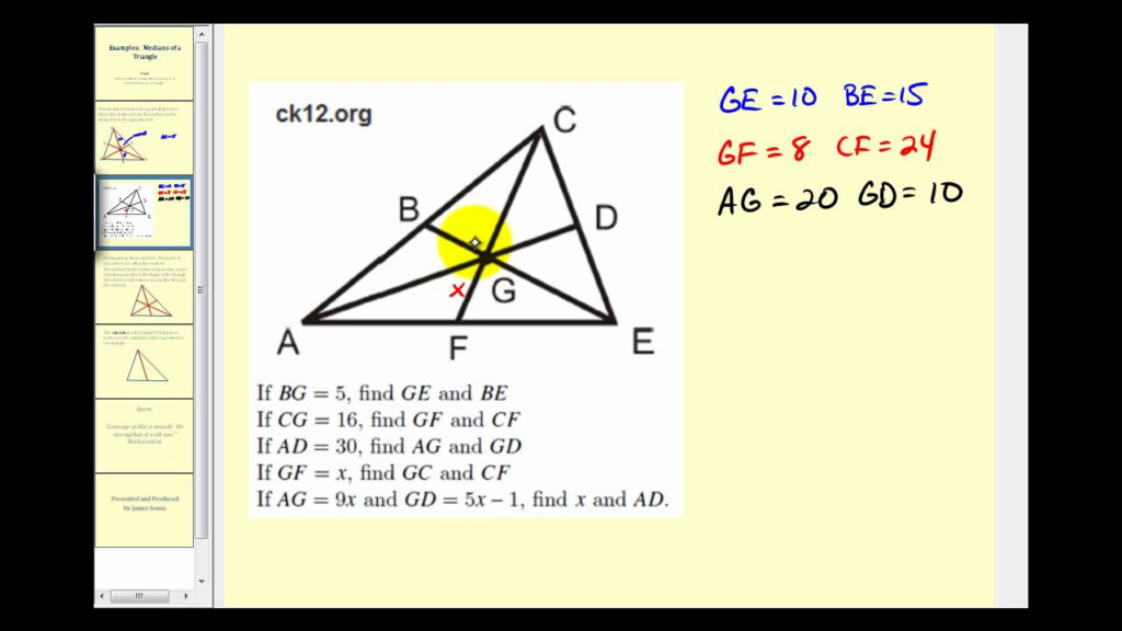 Examples Using The Properties Of The Medians Of A Triangle To Solve 