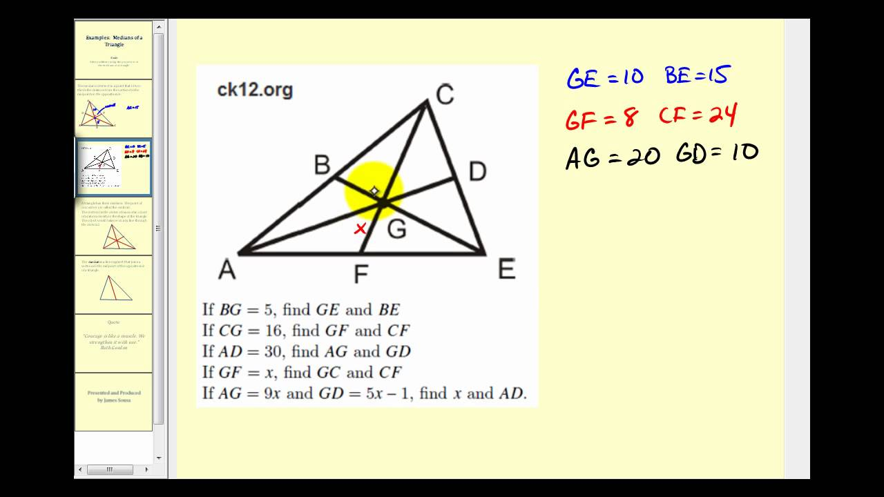 Examples Using The Properties Of The Medians Of A Triangle To Solve 