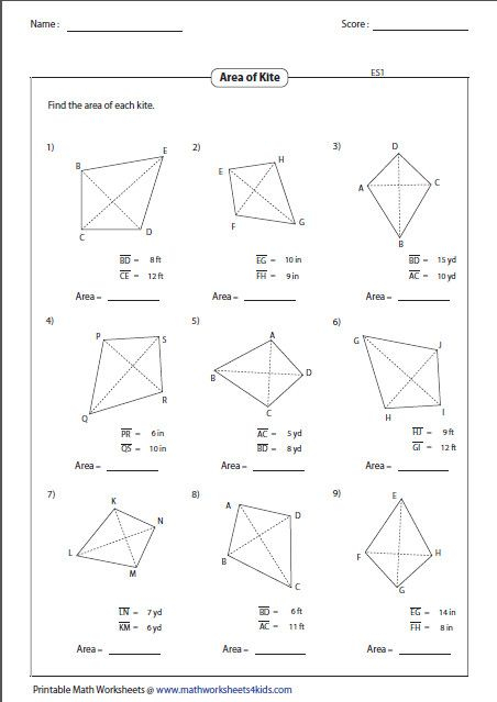 Find The Area Of Each Kite Geometry Worksheets Triangle Worksheet 