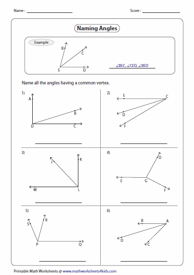 Identifying Parts And Naming Angles Worksheets