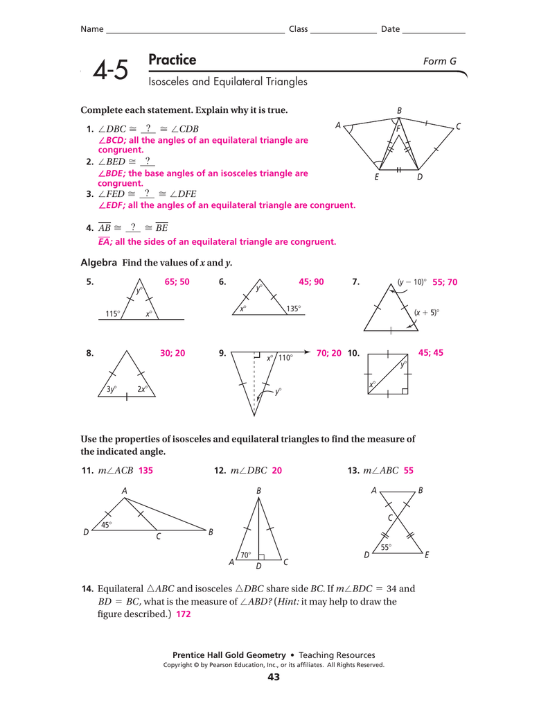 Isosceles And Equilateral Triangles Worksheet Answer Key Find The Value 