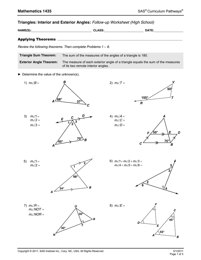 Mathematics 1435 Triangles Interior And Exterior Angles Follow Db