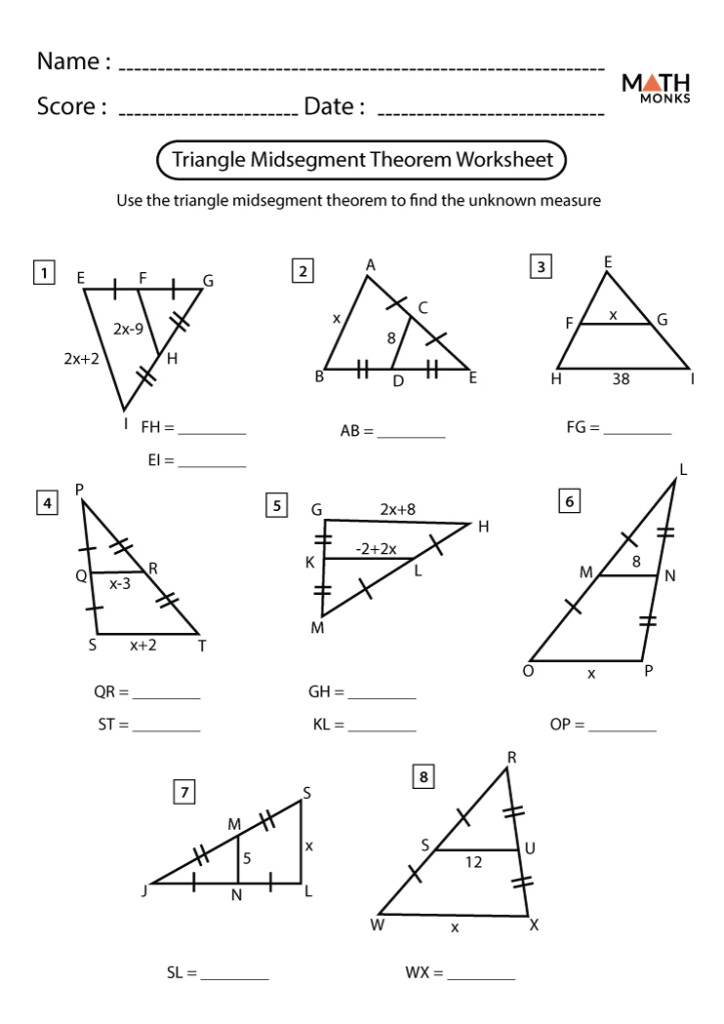 Midsegment Of A Triangle Worksheets Math Monks