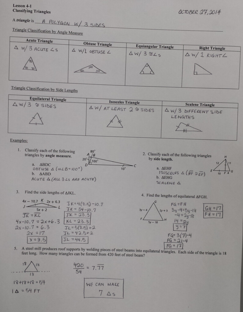4 1 Classifying Triangles Worksheet Answers Glencoe Geometry 2330