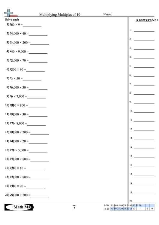 Multiplying Multiples Of 10 Math Worksheet With Answer Key Printable 