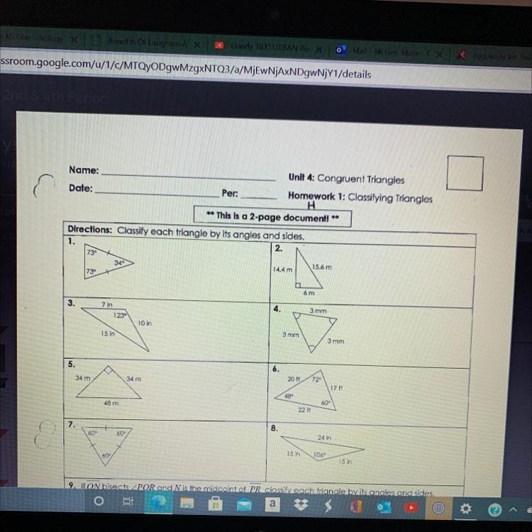 Name Unit 4 Congruent Triangles Date Per Homework 1 Classifying 