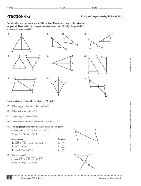 Practice 4 2 Triangle Congruence By Sss And Sas 9th 11th Grade