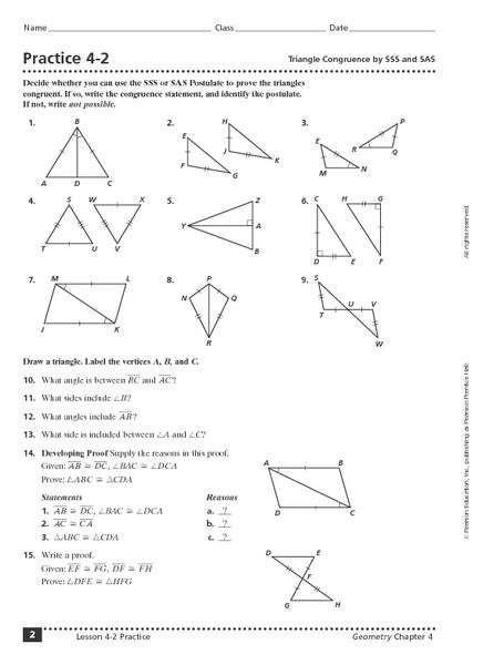 Practice 4 2 Triangle Congruence By Sss And Sas 9th 11th Grade 