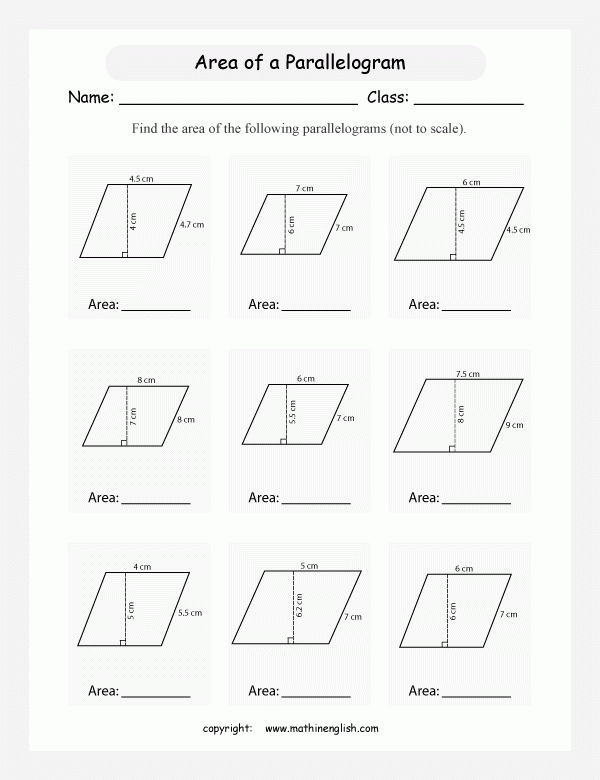 Printable Area Of Parallelogram Worksheet Area Worksheets Math