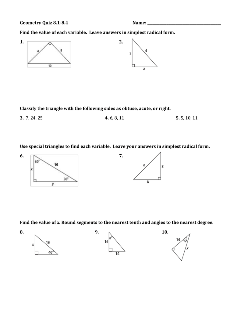 Quiz 8 1 Pythagorean Theorem And Special Right Triangles Answer Key 