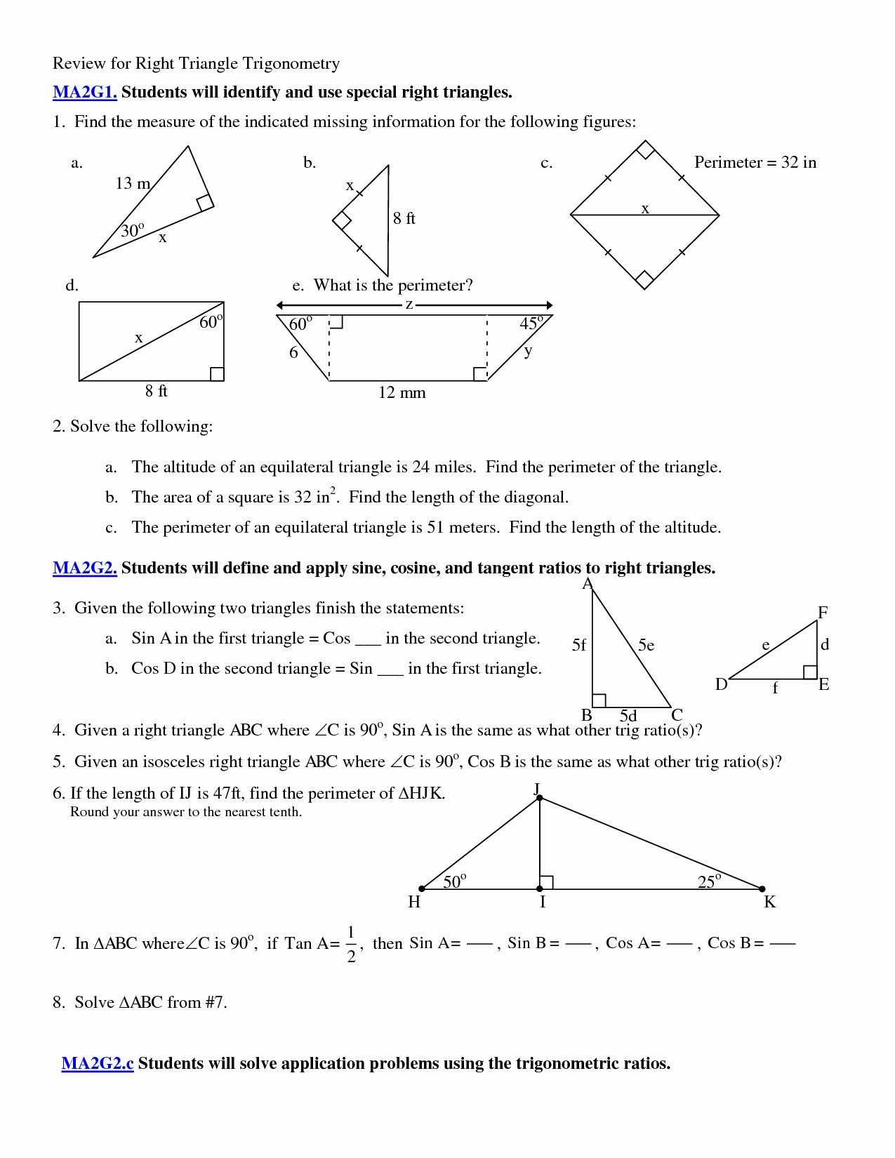 Right Triangle Trigonometry Worksheet Answer Key Coloring Idea