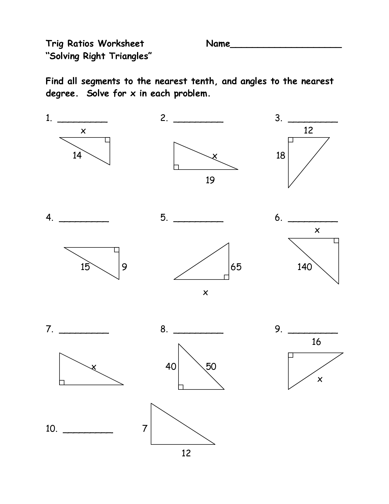 Right Triangle Trigonometry Worksheet Pdf