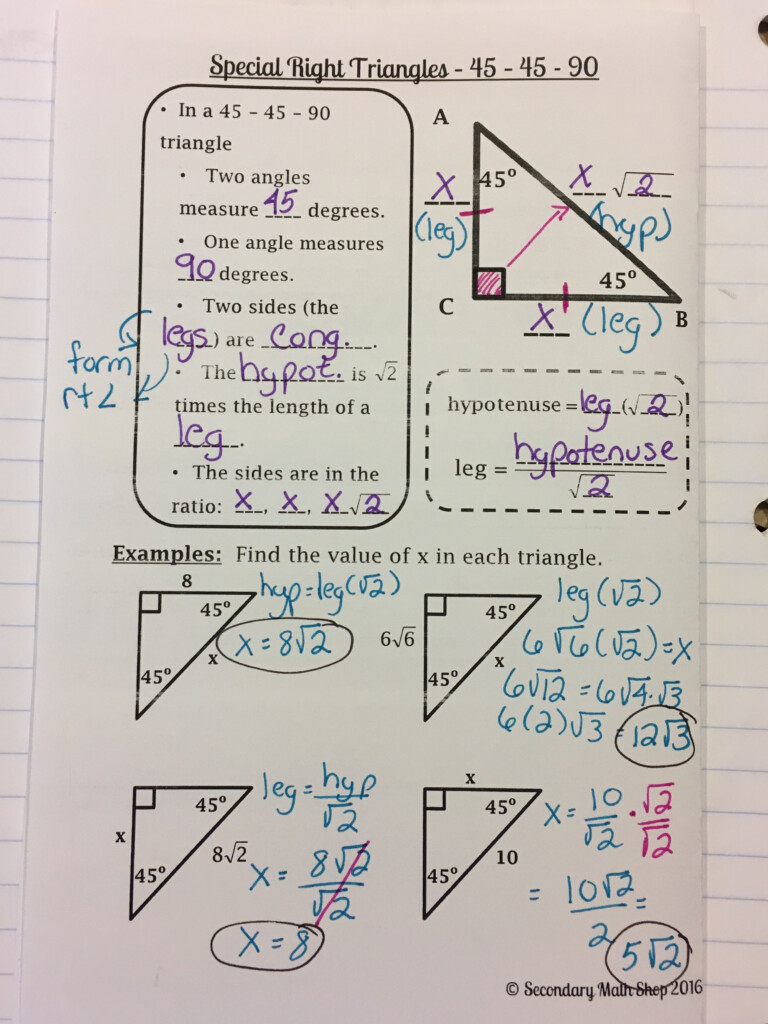 Special Right Triangle Worksheet