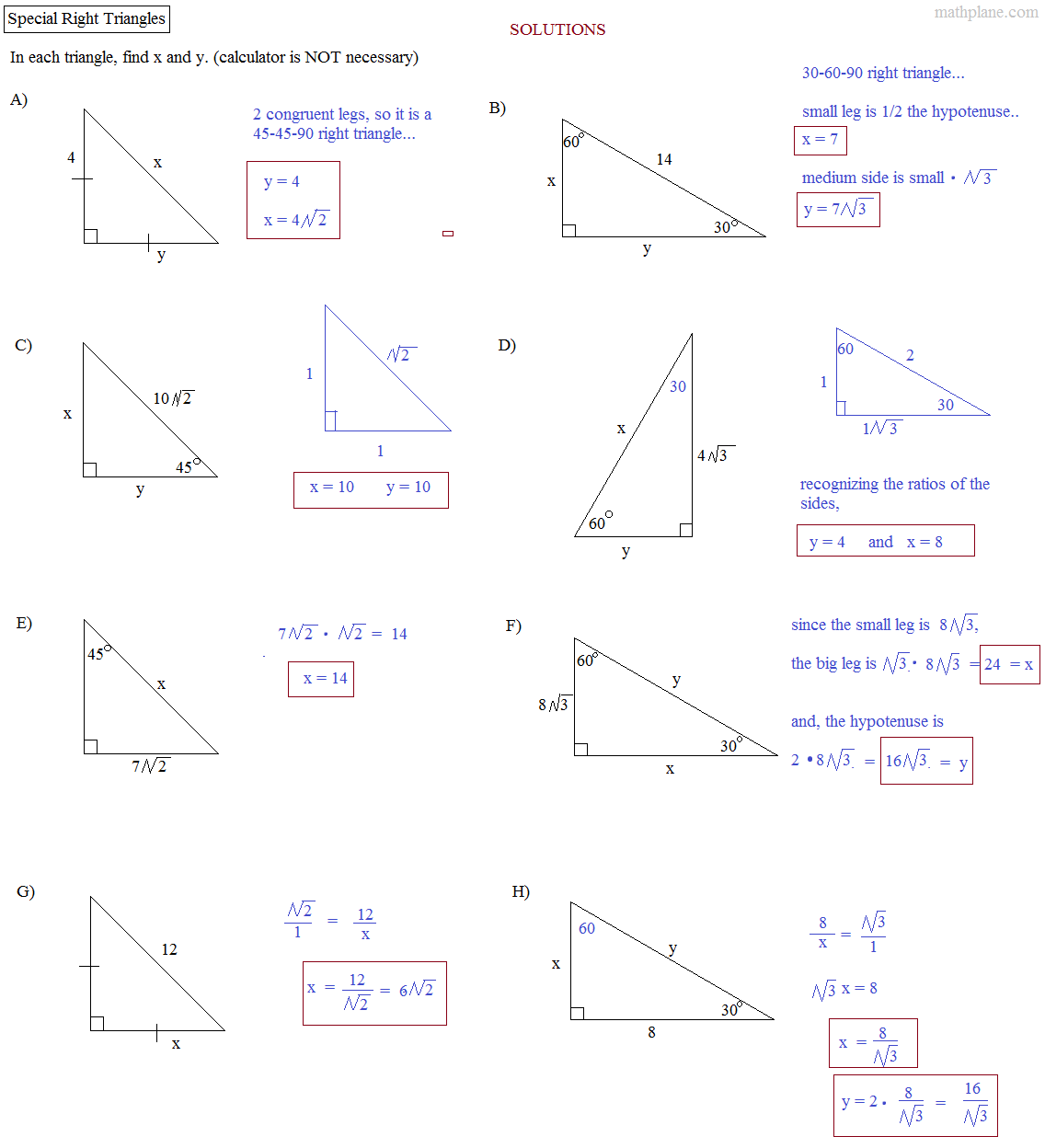 Special Right Triangles Worksheet Answers Agaliprogram