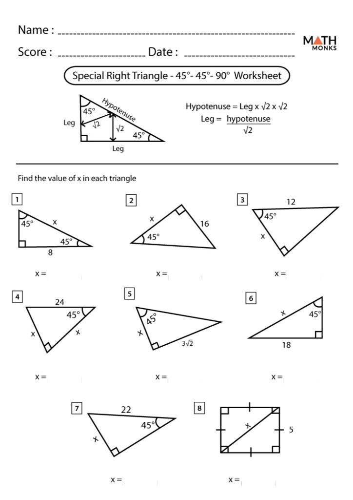 Special Right Triangles Worksheets Math Monks