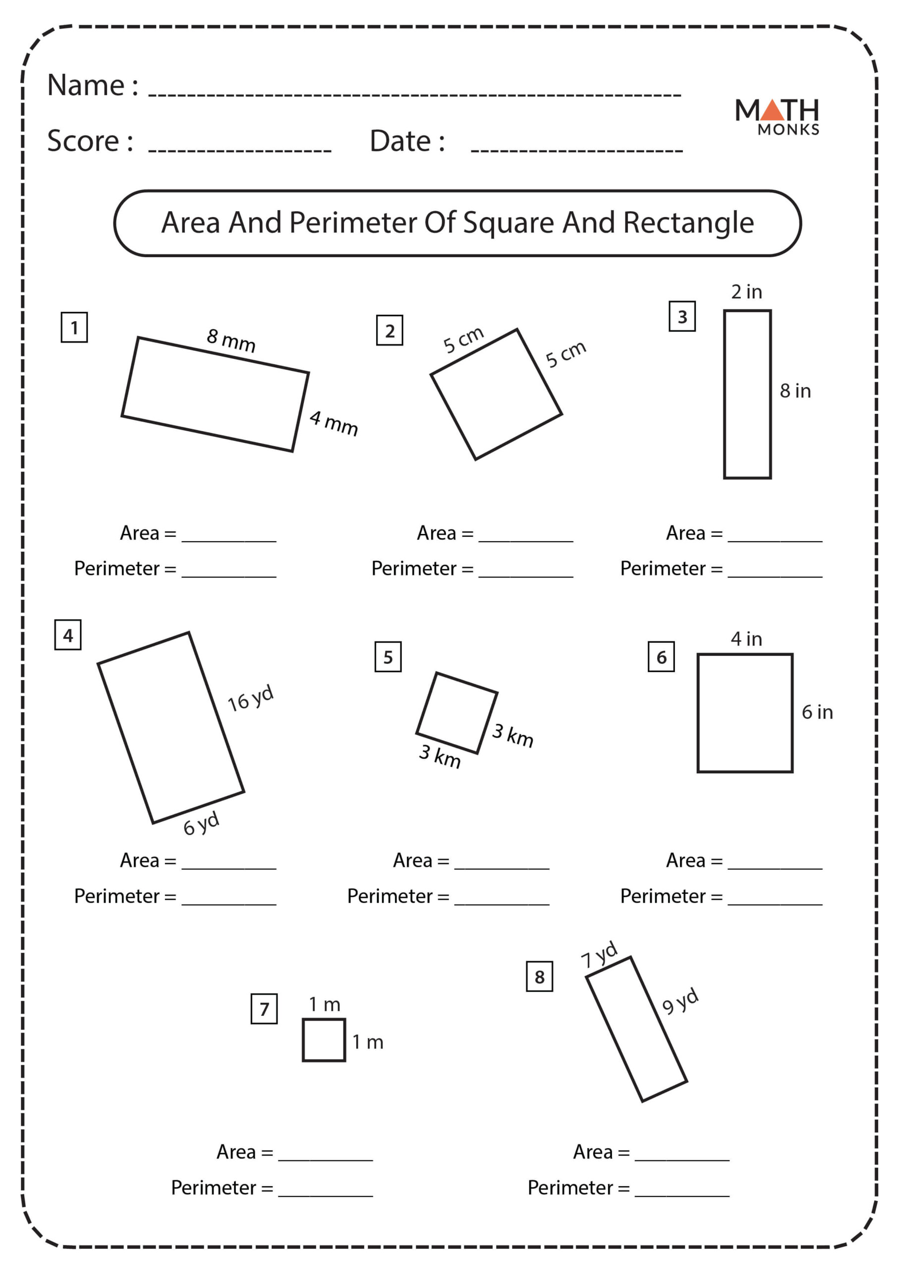 Squares And Rectangles Worksheets Math Monks