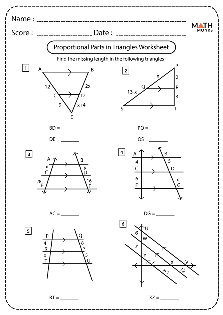 Triangle Proportionality Theorem Worksheets Math Monks