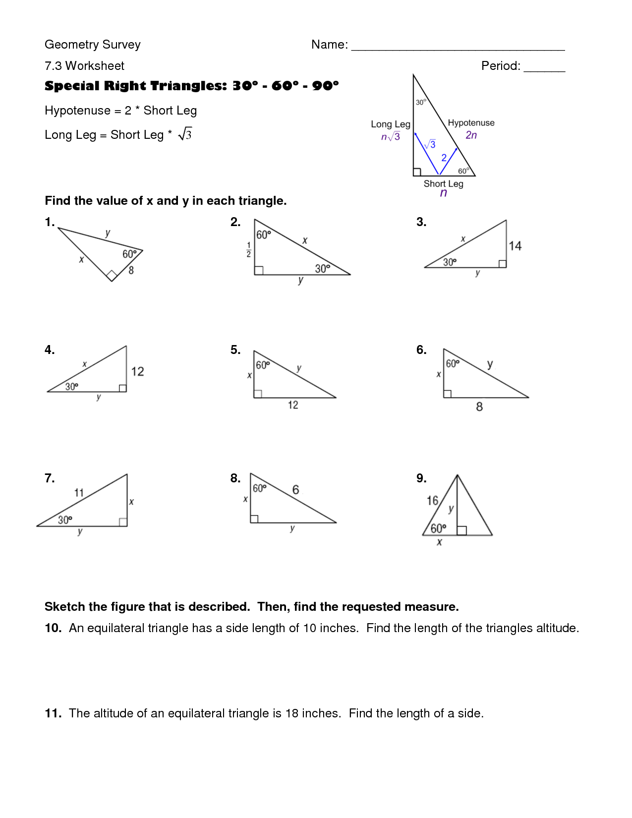 Worksheet 4 Special 30 60 90 Triangles Answers