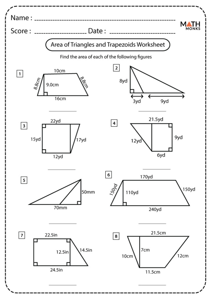 Area Of Triangles And Trapezoids Worksheets Math Monks