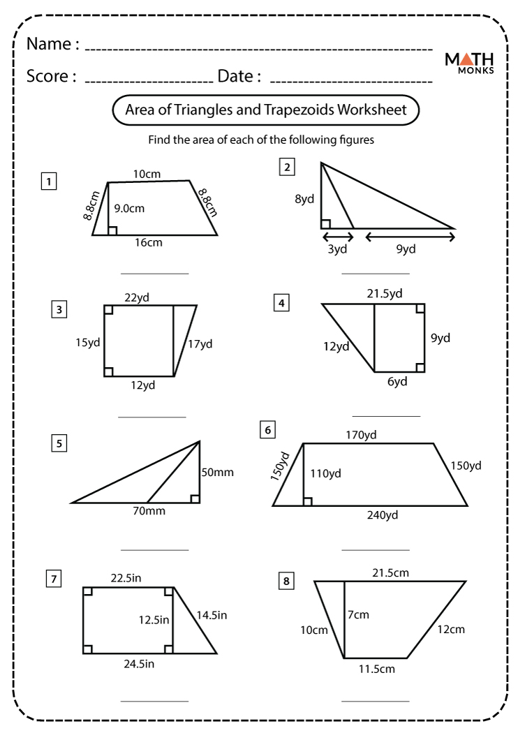 Area Of Triangles And Trapezoids Worksheets Math Monks