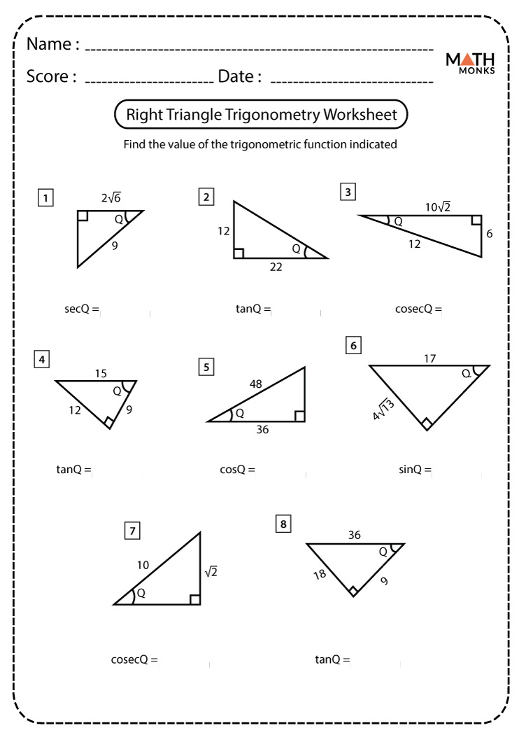 Right Triangle Trigonometry Worksheets Math Monks